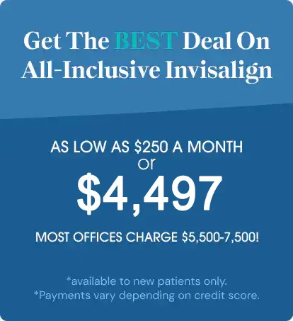 Get the best deal on all-inclusive Invisalign: as low as $250 a month, or $4,497. Most offices charge $5,500 to $7,500. Available to new patients only; payments vary depending on credit score.